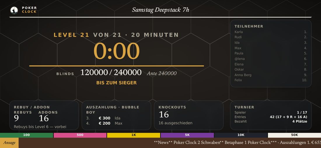 Die Poker Clock am Handy im Querformat, Design 2 mit Waben-Hintergrund